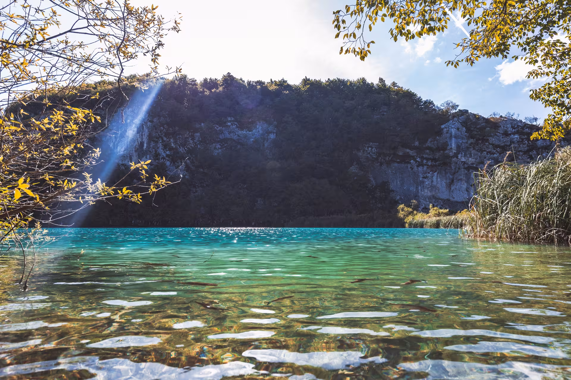 Crystal-clear turquoise lake at Plitvice Lakes National Park, Croatia on a day tour from Split