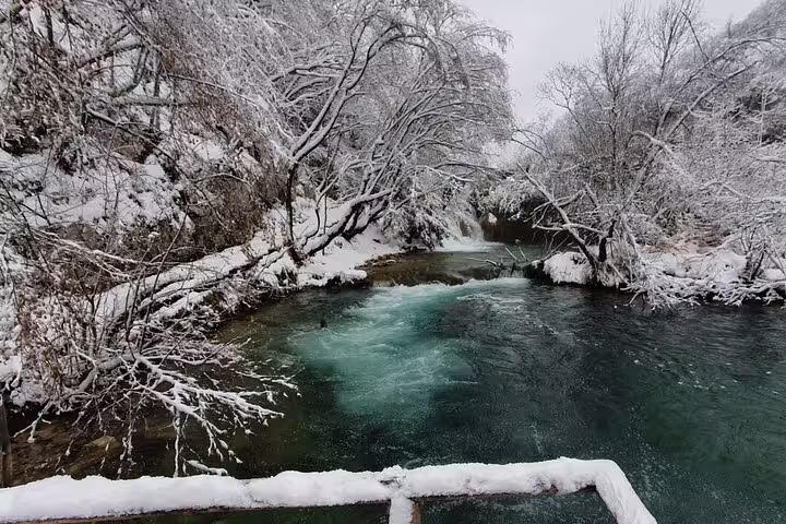 Winter river viewpoint at Plitvice Lakes National Park, Croatia, on secured tickets tour with panoramic train and boat