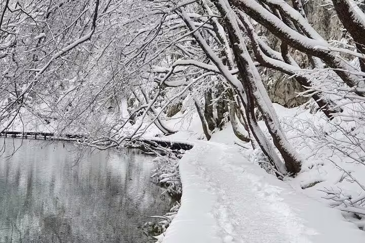 Winter lakeside trail at Plitvice Lakes National Park, Croatia, scenic walk on tour with secured entry tickets