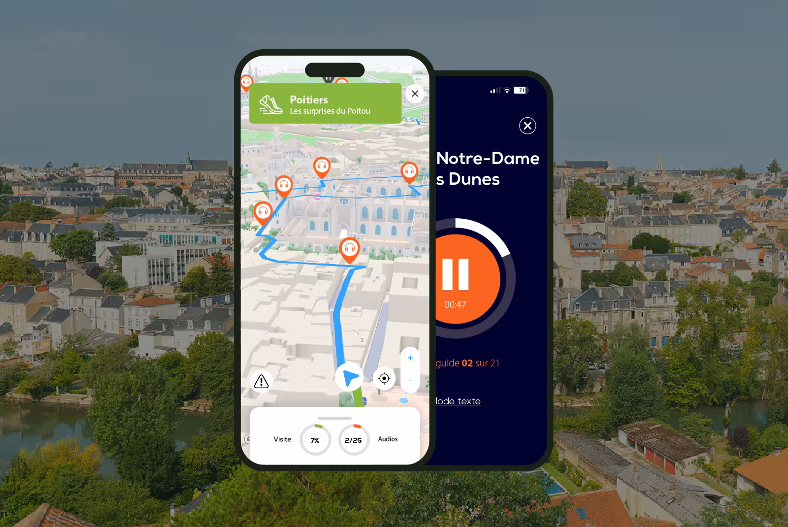 Poitiers audioguide mobile application interface on smartphone with aerial view in the background.