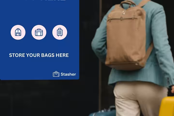 Traveler with backpack and suitcase beside “Store your bags here” sign at Pompei Station luggage storage