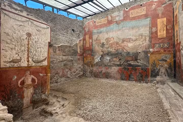 Vibrant frescoes in ancient Pompeii showcasing intricate Roman art, featured in the Pompeii and Vesuvius Tour from Positano.
