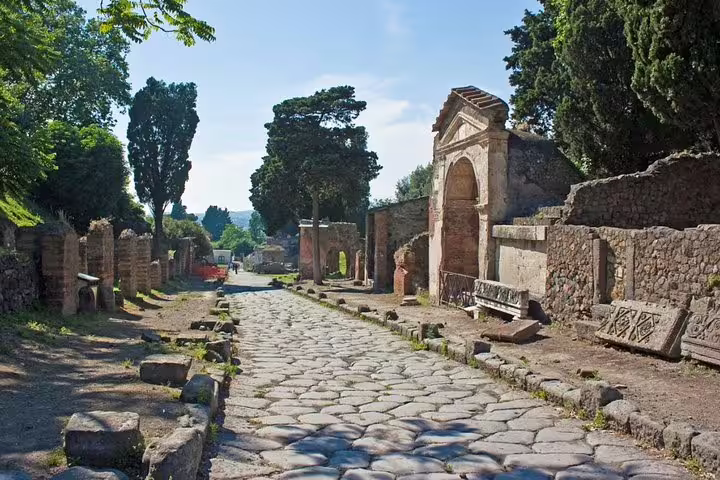 Ancient stone street lined with tombs and trees in the archaeological ruins of Pompeii on a peaceful small group walking tour