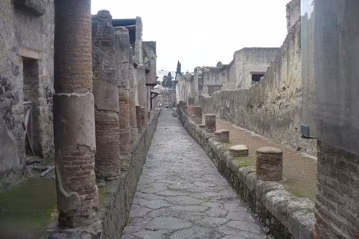 Walk through the ancient streets of Pompeii, lined with stone columns and walls, capturing the essence of Roman life.