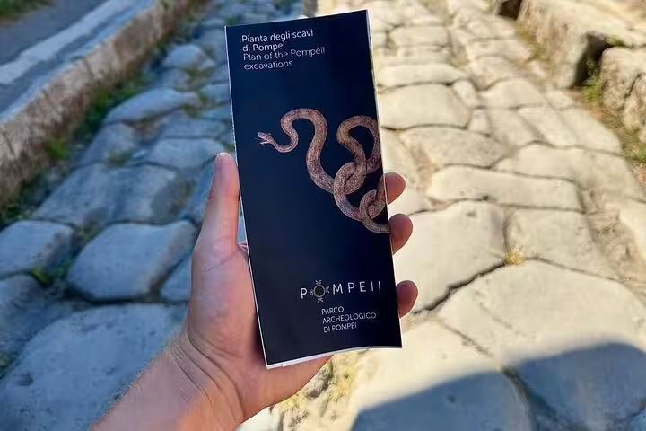 Hand holding a Pompeii excavation map on cobblestone streets, highlighting the informative guided tour experience.