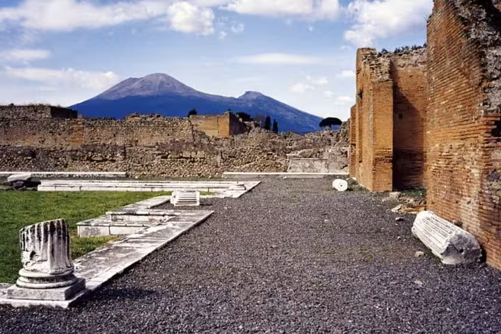 View of Pompeii ruins with Mount Vesuvius in the background, featured in a full-day tour with entrance fee and lunch.