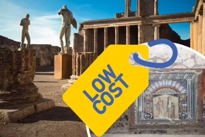 Pompeii ruins with statues and ancient mosaic, low-cost Pompeii & Herculaneum day tour from Naples