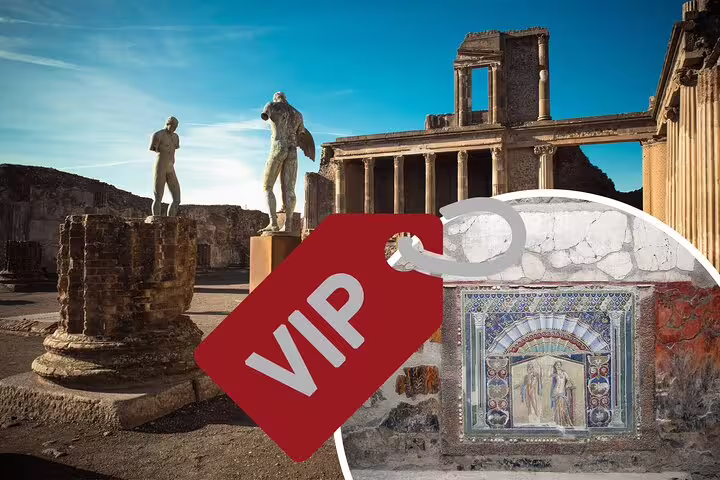 VIP small-group tour of Pompeii and Herculaneum ruins with ancient statues and preserved Roman mosaic wall