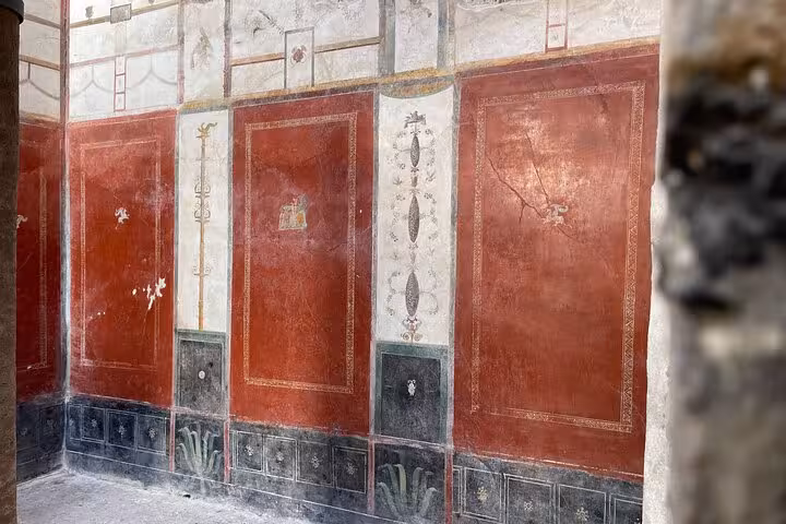 Well-preserved red and white Pompeii murals showcasing detailed ancient Roman art on a semi-private tour from Positano.