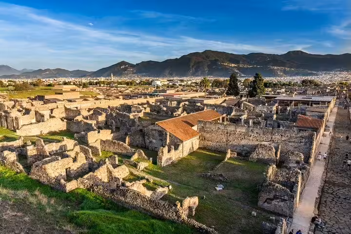 Panoramic view of Pompeii ruins with Mount Vesuvius, on a private customizable tour from Naples