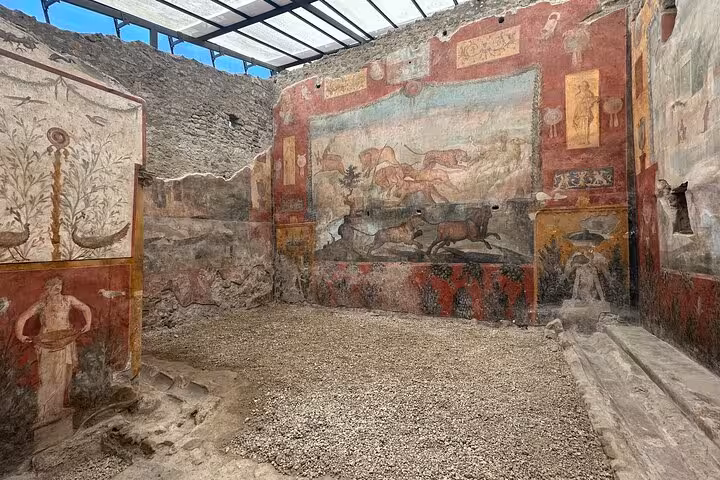 Explore vibrant frescoes in an ancient Pompeii room on the Amalfi Coast tour with lunch and wine tasting.
