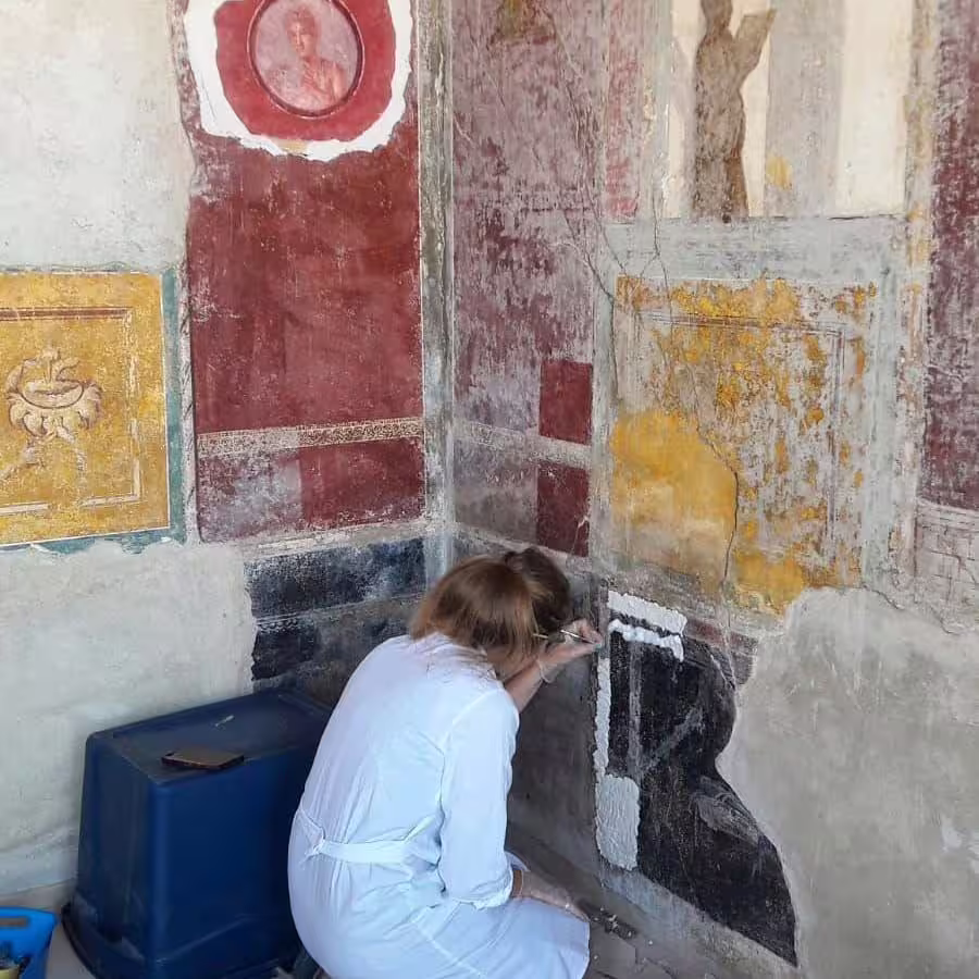 Conservation work on colorful Pompeii wall frescoes during Naples to Pompeii half-day small group tour