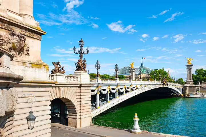 Scenic Pont Alexandre III bridge over the Seine River in Paris, seen on the Paris Insider’s guided walking tour and boat cruise