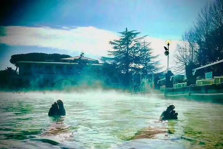 Relaxing in steaming Pope thermal baths near Rome on a VIP private tour, enjoying hot spring pools with scenic Italian views