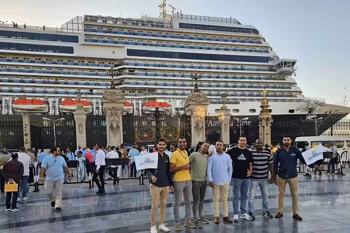 Group meeting at Port Said cruise port by cruise ship before private tour to Giza Pyramids and National Museum