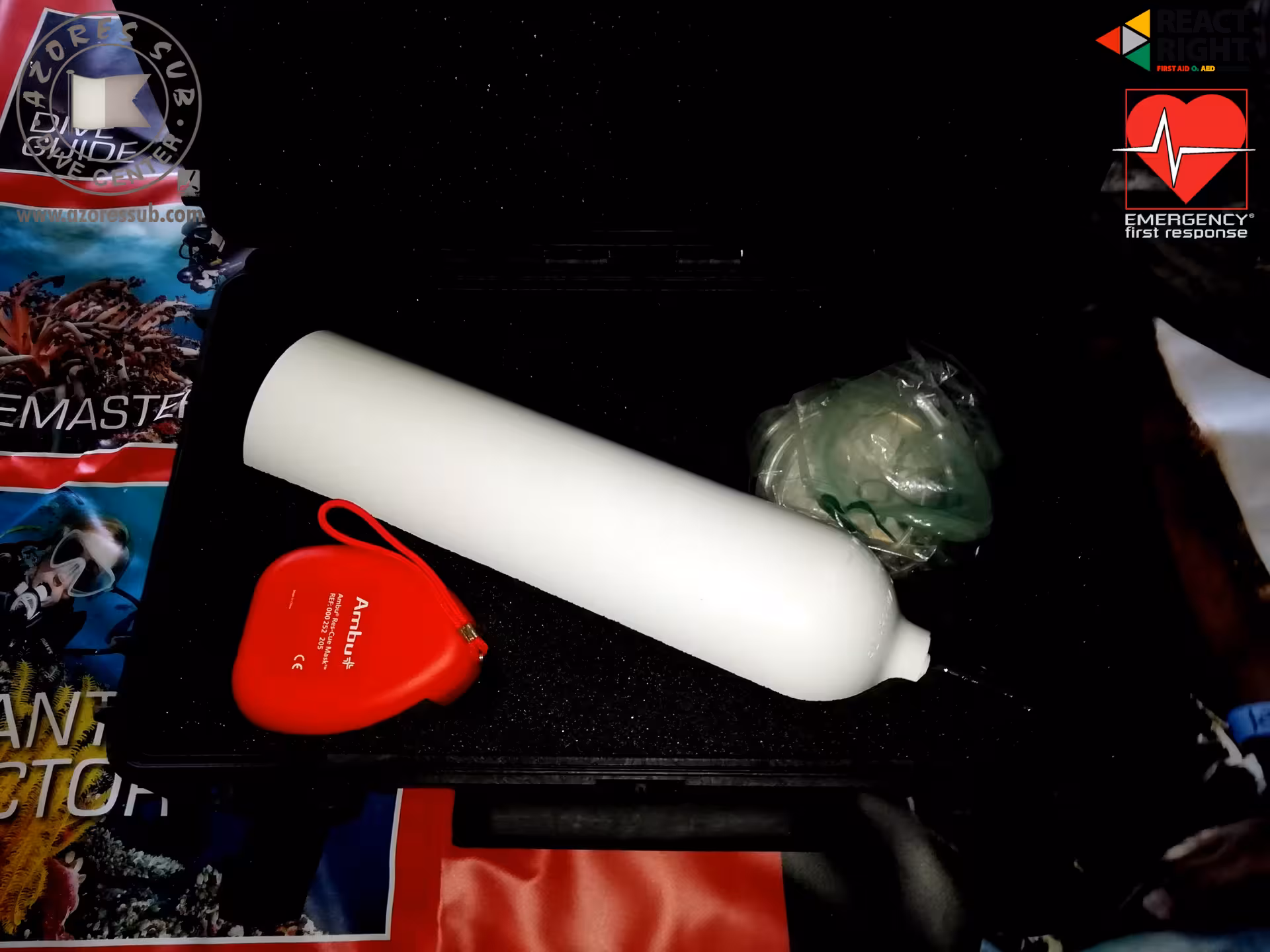 Portable oxygen cylinder with Ambu bag and mask, ideal for dive first aid and emergency O2 response kit