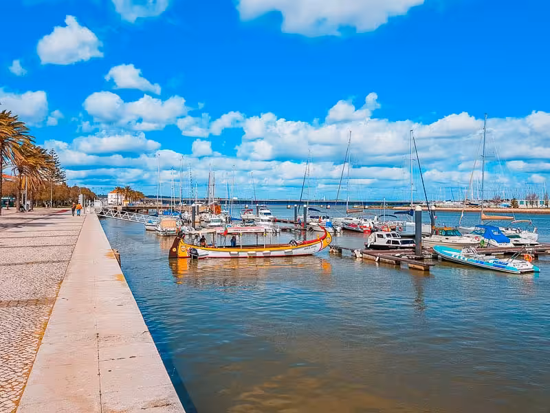 Colorful fishing and tour boats moored along the sunny Portimão marina on the Algarve Cans & Bottles coastal route