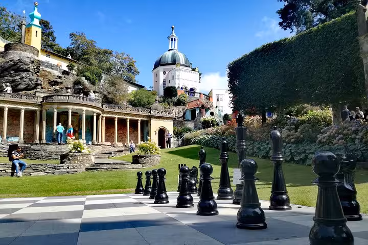 Giant chess set in Portmeirion Village gardens, a highlight of the Portmeirion, Castles and Snowdonia tour
