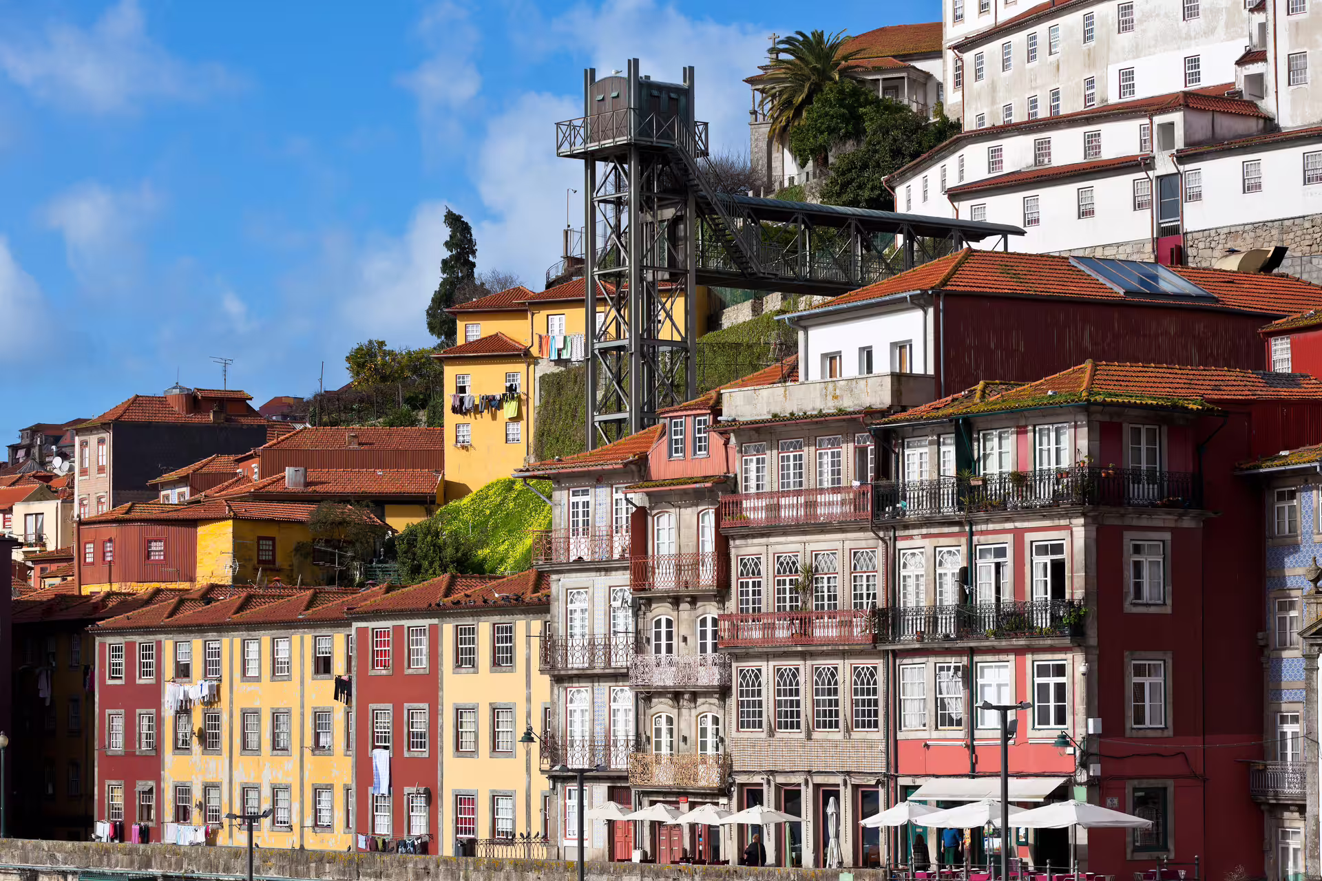 Colorful historic buildings and the iconic funicular lift in Porto, Portugal, seen during the Douro riverside walking tour.