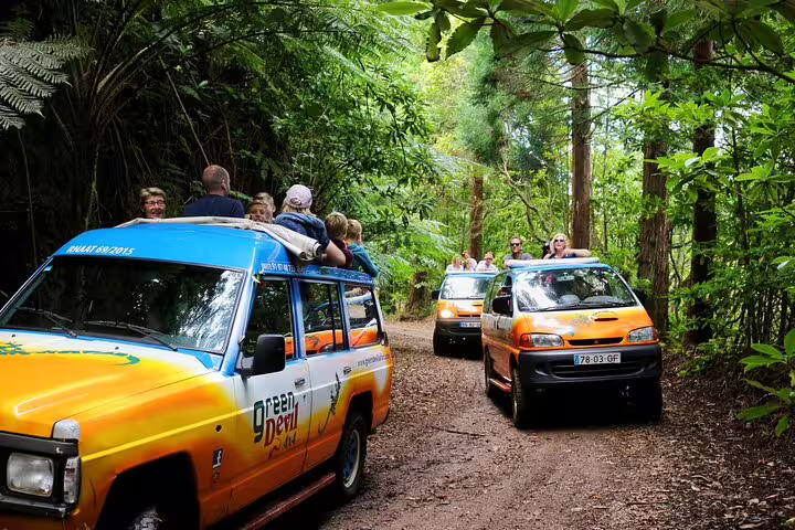 Tourists enjoy a scenic off-road adventure in lush forests during a full-day tour in Porto Moniz with local guides.