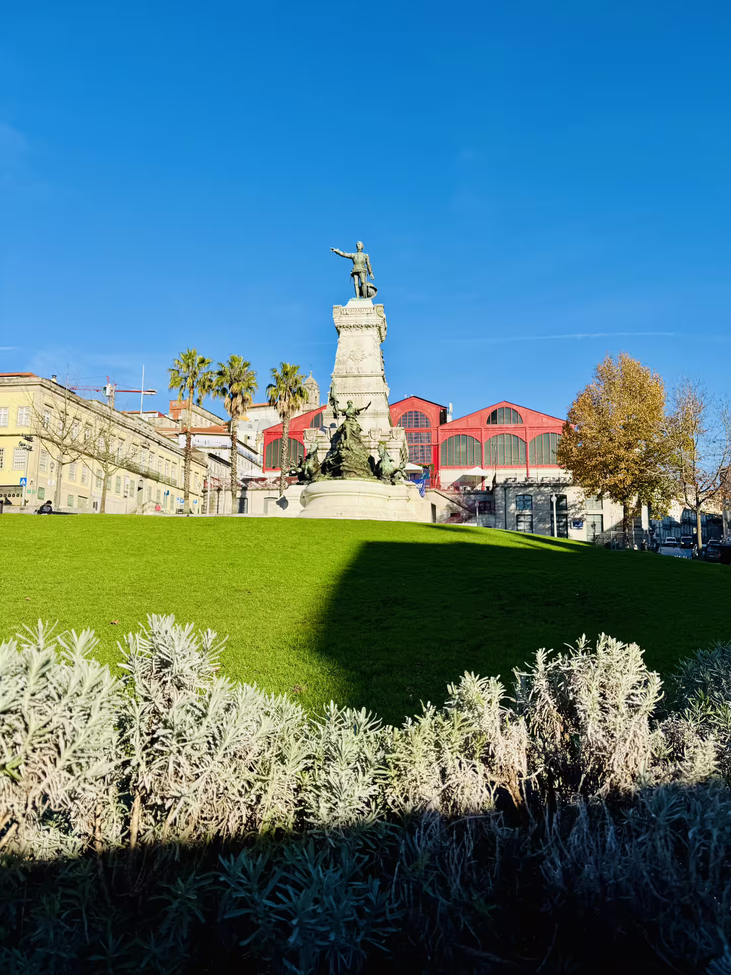 Monument in Porto's scenic square with lush greenery and historic architecture, featured in Douro's Two Riversides walking tour.