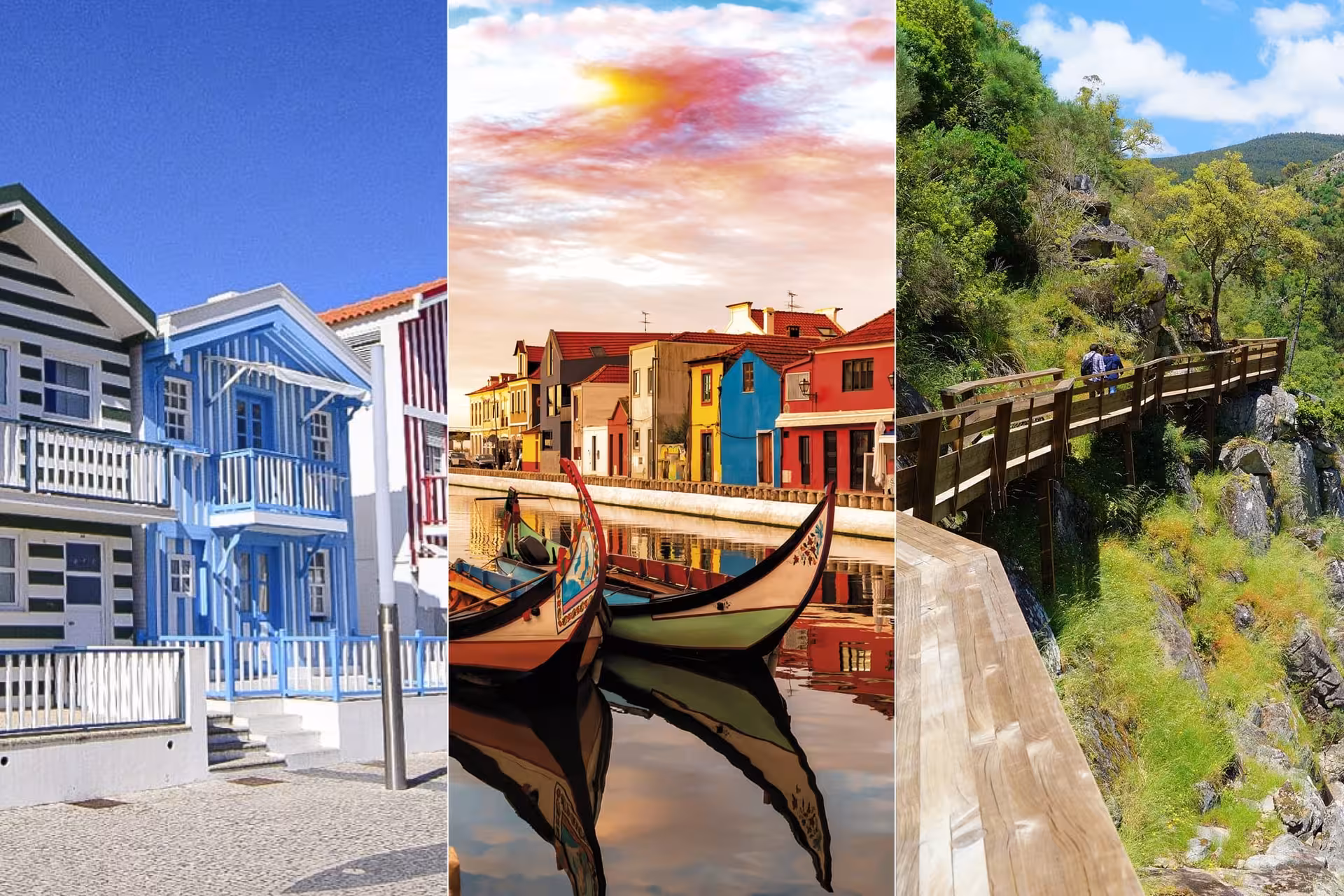 Collage of Costa Nova houses, Aveiro moliceiro canal boat and Paiva Walkways on Porto day tour