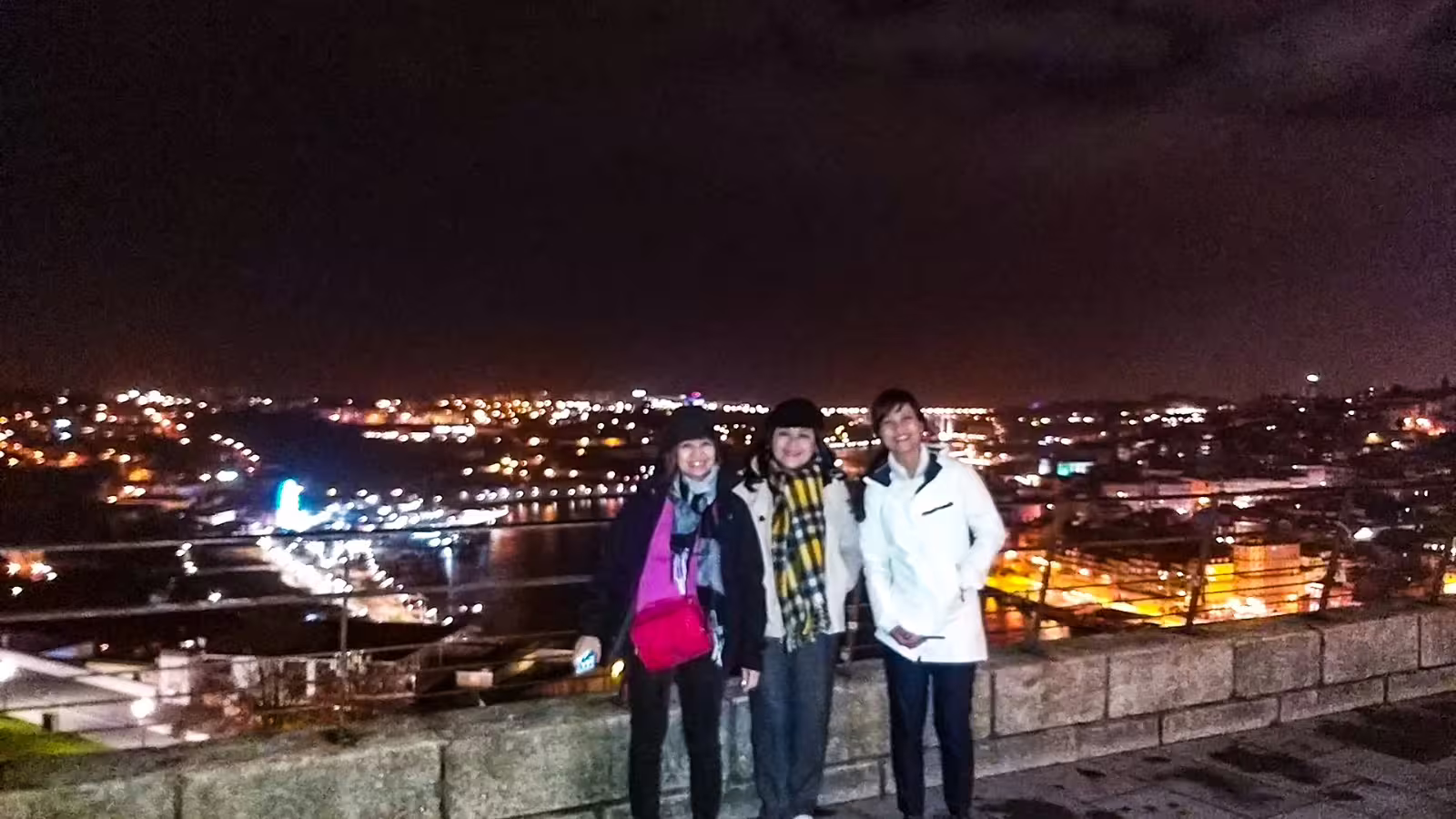Tourists enjoying a breathtaking view of Porto's illuminated skyline during a private night tour, capturing the city's iconic beauty.