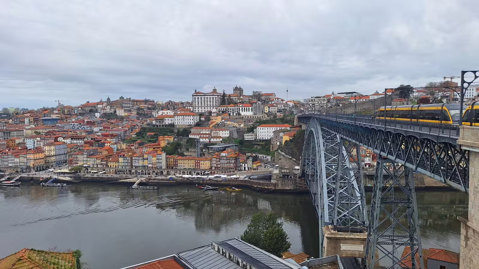 Scenic view of Porto's historic Ribeira district and iconic Dom Luís I Bridge on a private morning tour by local experts.