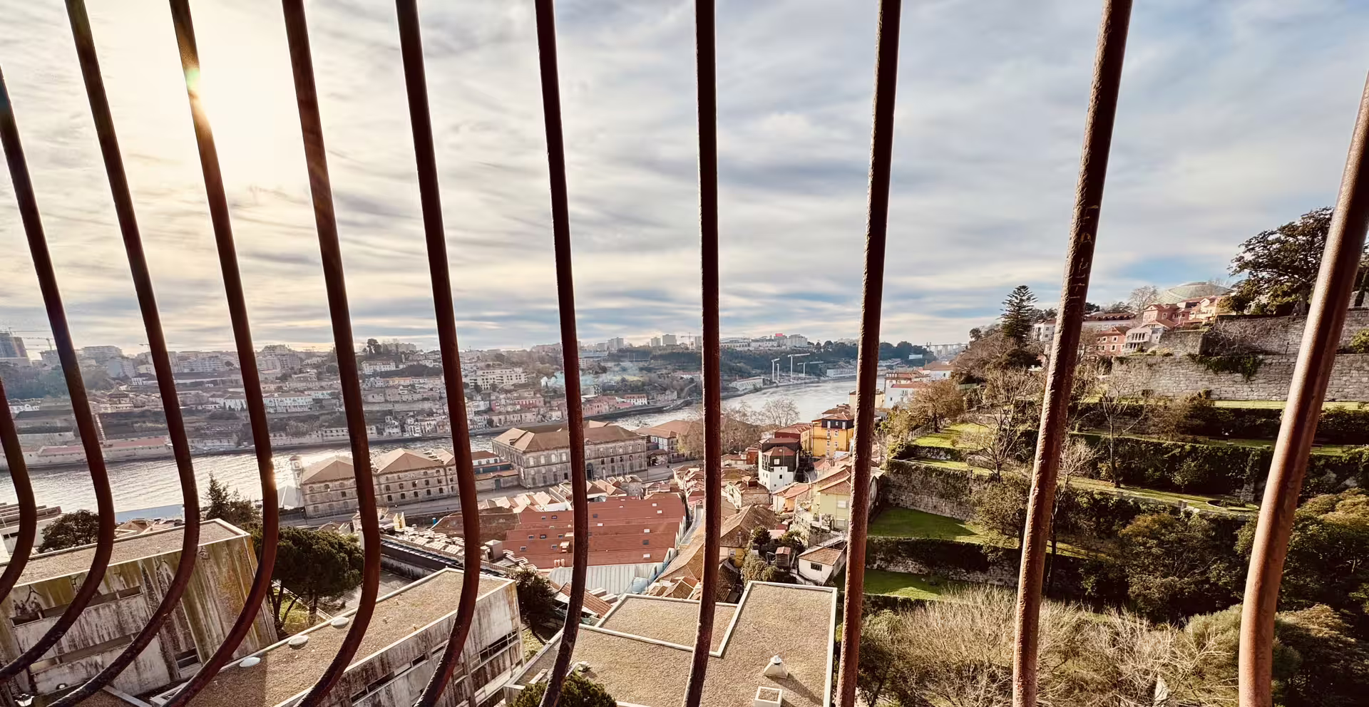 View of Porto's historic rooftops and Douro River through iron bars, showcasing vibrant architecture on a sunny walking tour.