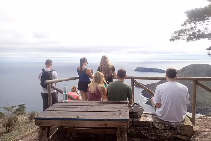 Hikers enjoying breathtaking ocean views from a scenic lookout on the Pico Branco & Terra Chã trail in Madeira.