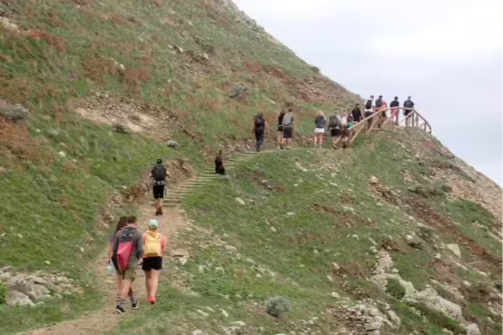Hikers traverse the scenic trail of Pico Branco & Terra Chã, enjoying stunning mountain views and lush greenery on this guided tour.