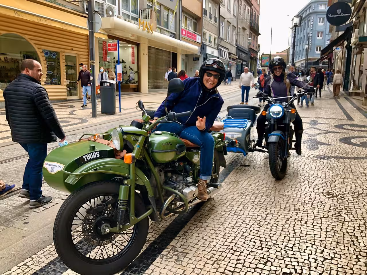 Porto shore excursion vintage sidecar ride through downtown streets, guided city tour with helmets and cobblestones