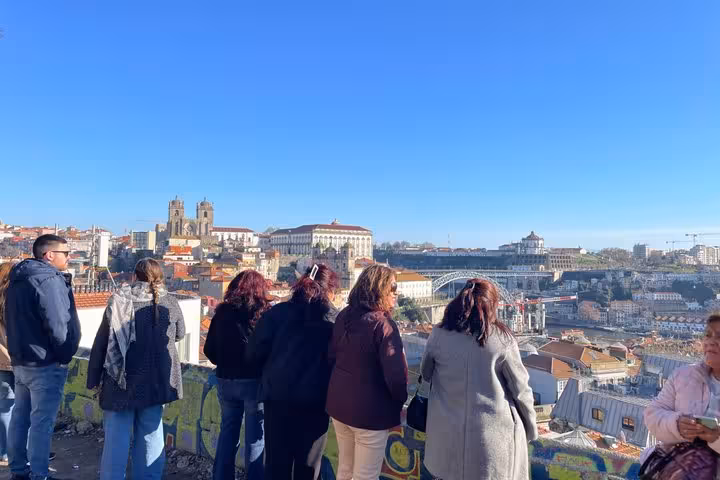 Tour group enjoying panoramic views of Porto skyline with Dom Luis bridge on a history walking tour