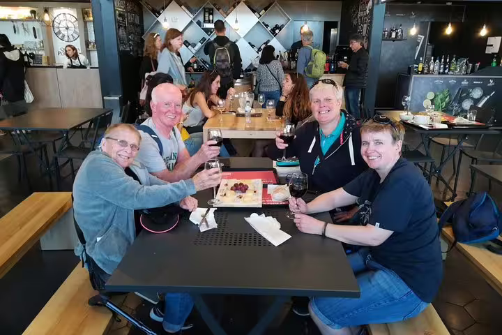 Happy group enjoying cheese and Port wine tasting at a cozy Porto wine bar during a private tour.