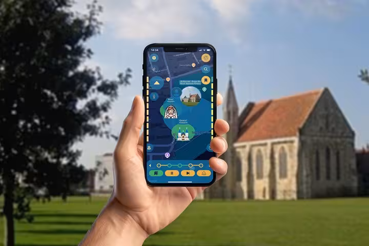 Portsmouth walking tour app game on smartphone screen with historic cathedral landmark visible in background