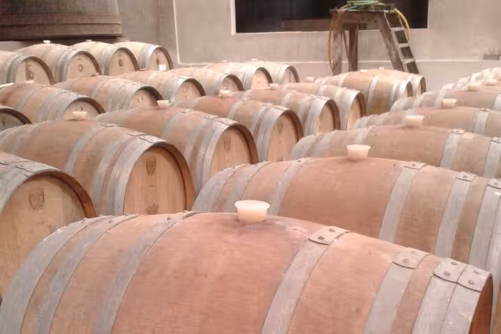 Rows of oak wine barrels in a Portuguese cellar, highlighting the wine tasting experience on the Sintra tour from Lisbon.