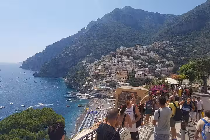 Panoramic view of Positano and Amalfi Coast cliffs above the sea, highlight of 6-day private tour from Rome