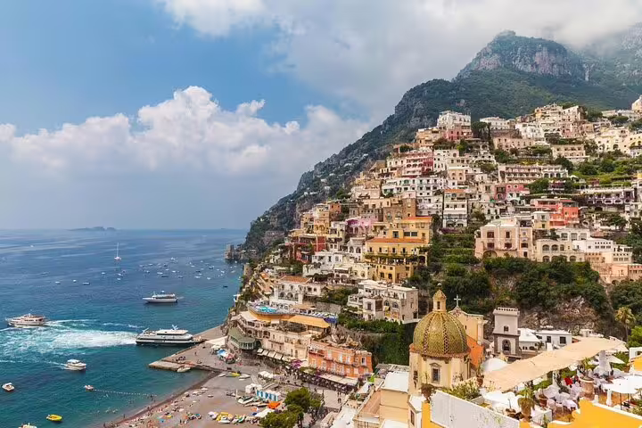 Positano cliffside village and Tyrrhenian Sea view on private Naples to Pompeii, Sorrento and Amalfi Coast tour