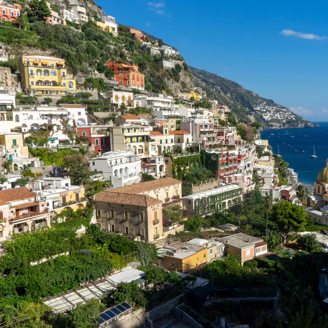 Colorful terraced houses of Positano rising above the Tyrrhenian Sea on Italy’s scenic Path of the Gods trail