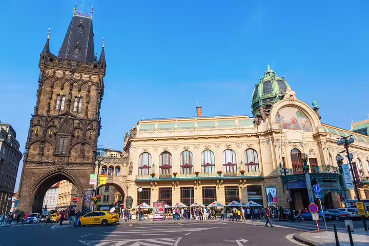 Powder Tower and Municipal House in Prague's Old Town, iconic landmarks on the Kafka walking tour