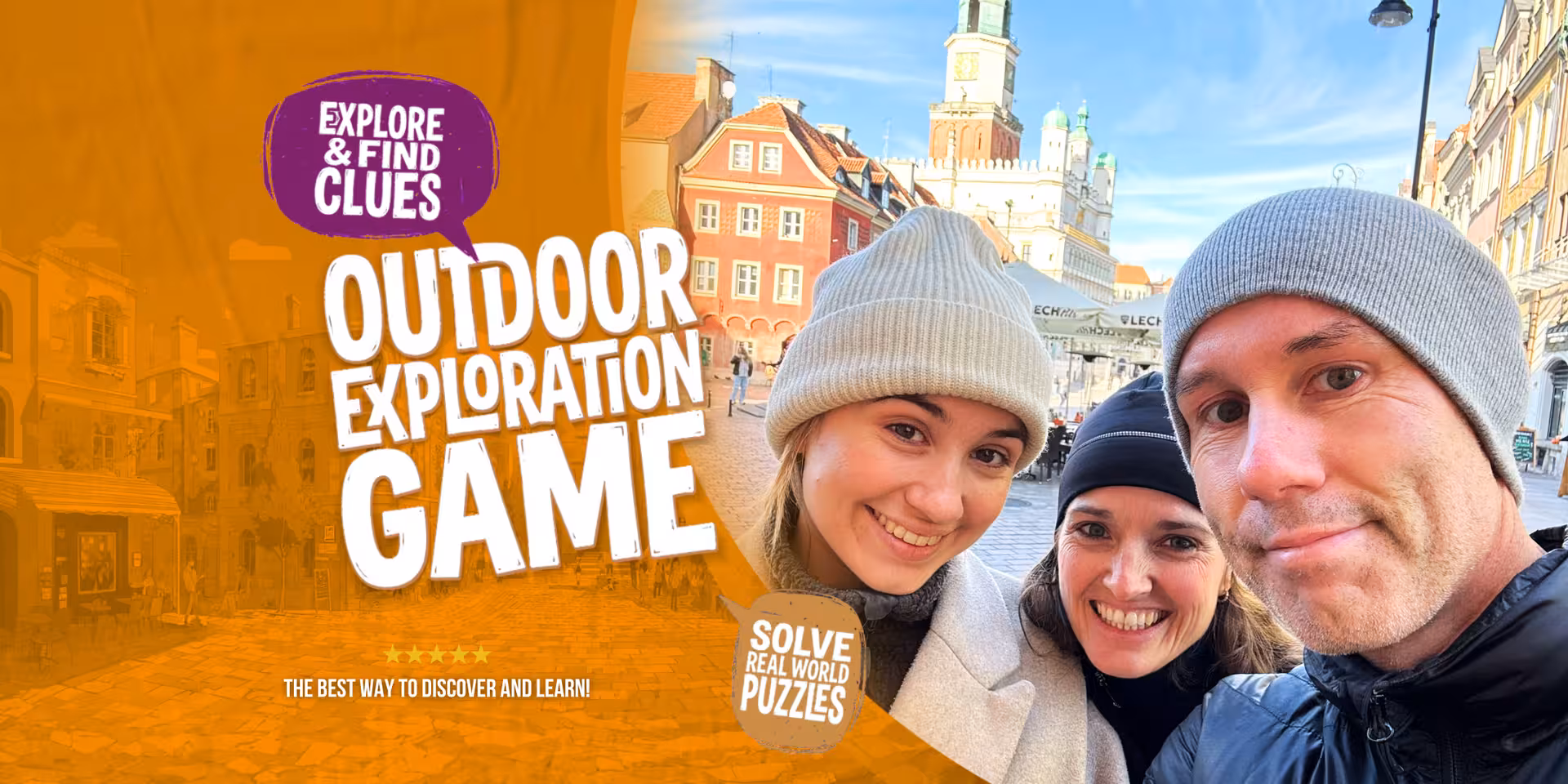 Three smiling friends enjoy the Poznan Old Town outdoor exploration game solving real-world puzzles near the historic market square.