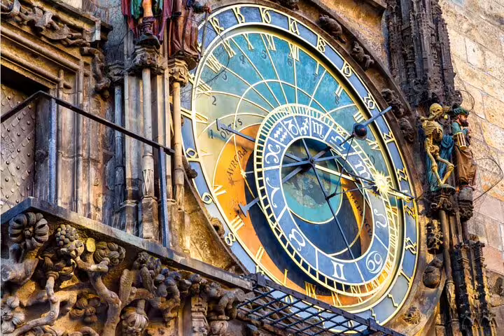 Prague Astronomical Clock ornate medieval face with golden zodiac rings on Old Town Hall tower