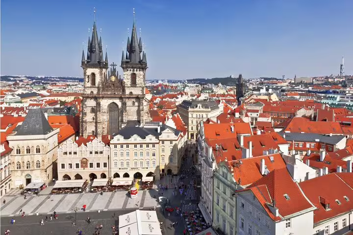 Aerial view of Prague Old Town Square with Church of Our Lady before Týn and red rooftops
