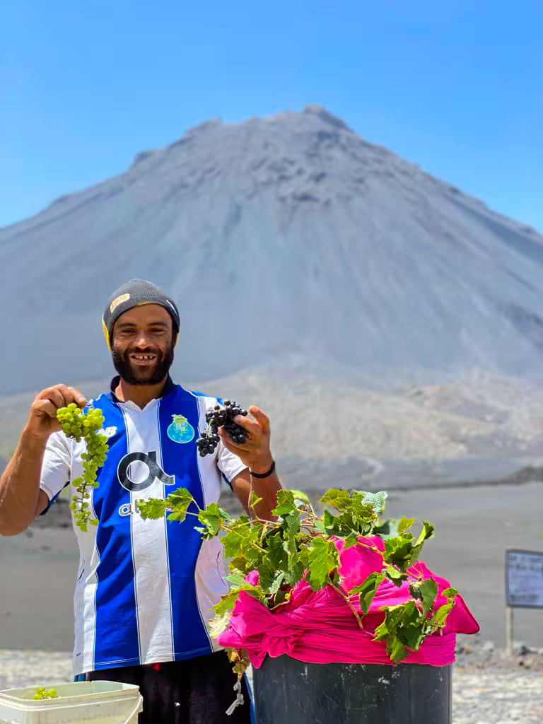 Man showcasing grapes with Fogo volcano backdrop during Praia's private Fogo Island full-day tour.