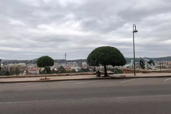 Scenic view of Pretoria cityscape from a vantage point, featuring manicured trees and a historic cannon, ideal for a half-day tour.