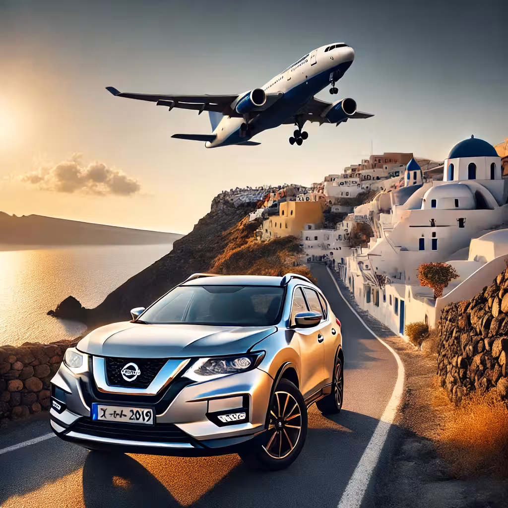 Private airport transfer car on coastal road with airplane overhead, seamless arrival pickup and drop-off service