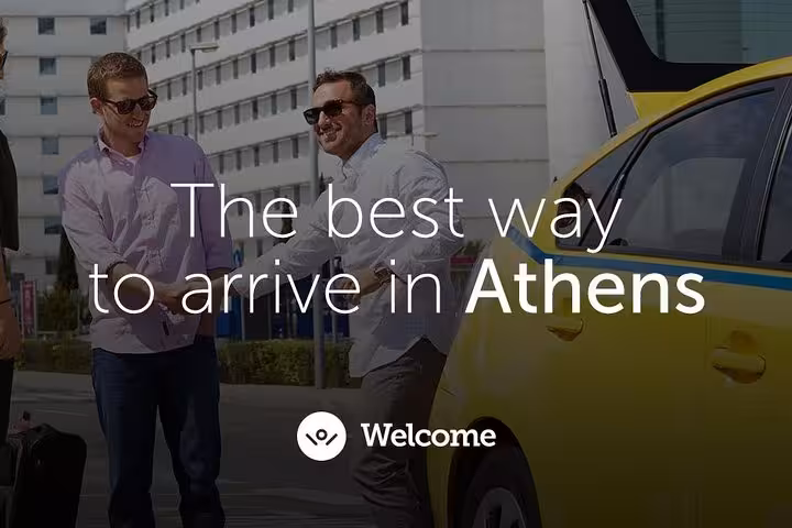 Travelers greeted by driver beside taxi in Athens, private airport arrival meet and greet with 1 hour city orientation