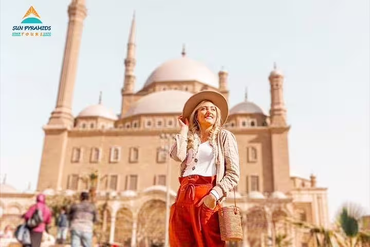 Tourist at Mohamed Ali Mosque in Cairo Citadel on a private Hurghada to Cairo by air tour with sightseeing