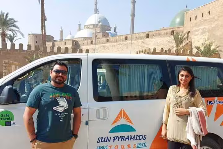 Private Cairo tour van pickup near the Citadel and Muhammad Ali Mosque for a 2-day guided trip
