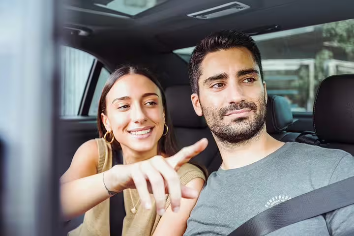 Couple in private car tour from Chania, planning stops to Therisos, Zourva and Meskla on a Crete day trip
